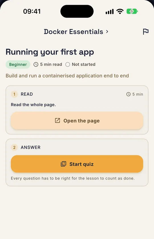 A lesson screen: read the whole page, then start the quiz