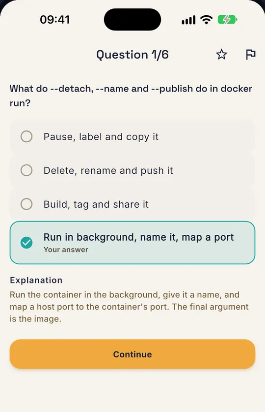 A quiz question about docker run flags with the correct answer and its explanation